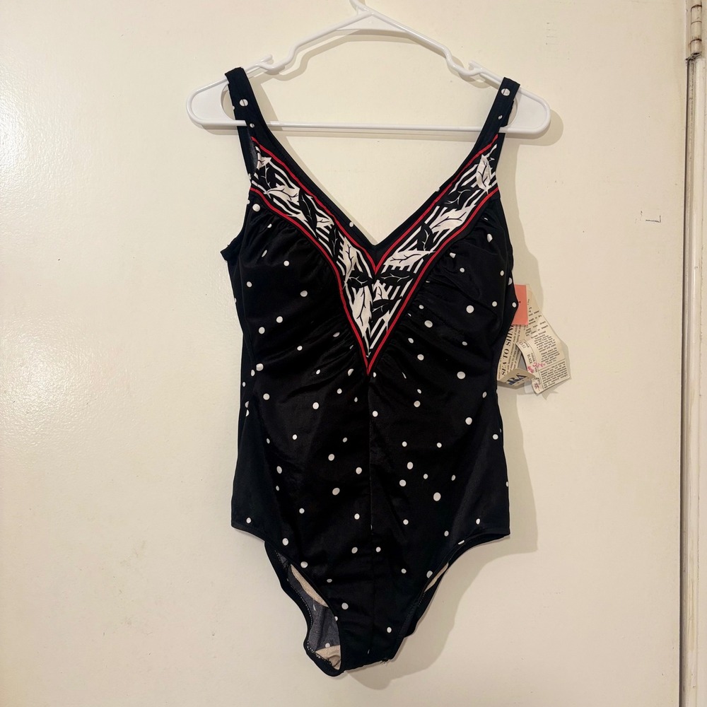 NWT Vintage 80s Robby Len Polka Dot One Piece Swimsuit Black White Size 16 Retro